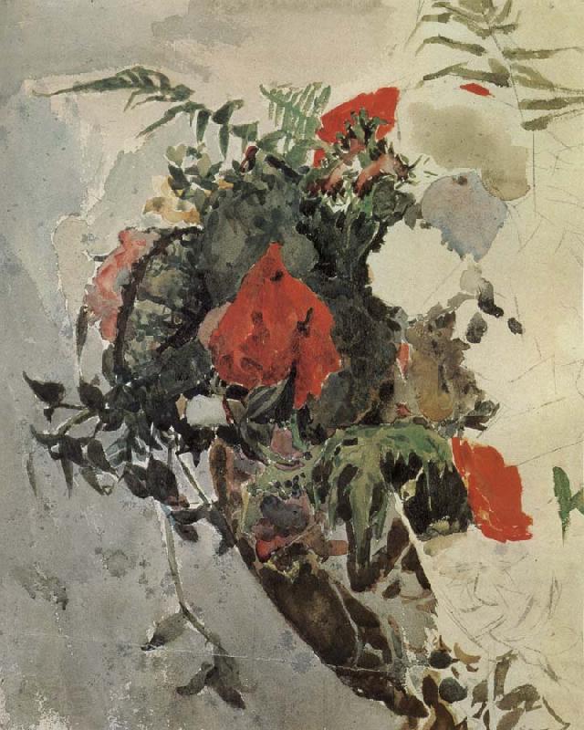 Mikhail Vrubel Red Flowers and Begonia Leaves in a basket